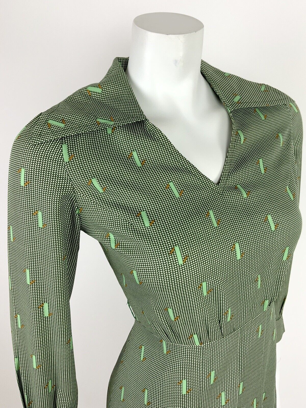 VINTAGE 60s 70s GREEN WHITE BROWN HOUNDSTOOTH GEOMETRIC WING COLLAR DRESS 10