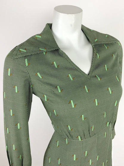 VINTAGE 60s 70s GREEN WHITE BROWN HOUNDSTOOTH GEOMETRIC WING COLLAR DRESS 10