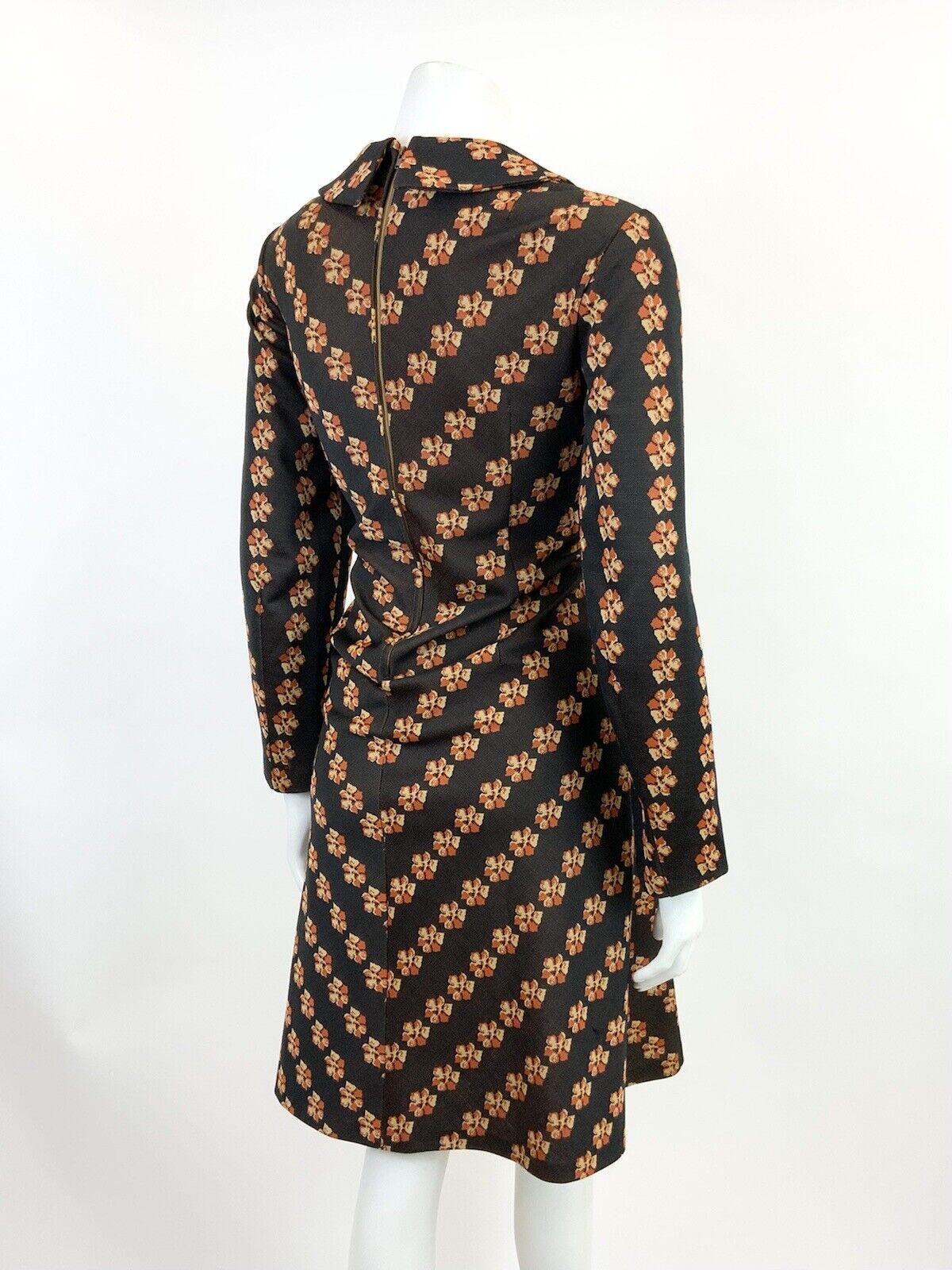 VTG 60s 70s BROWN ORANGE YELLOW FLORAL STRIPED SPOON COLLAR SHIRT DRESS 14 16