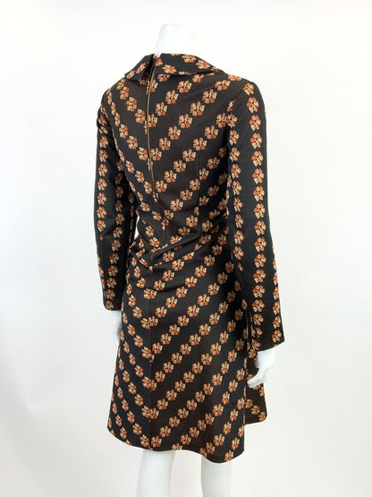 VTG 60s 70s BROWN ORANGE YELLOW FLORAL STRIPED SPOON COLLAR SHIRT DRESS 14 16