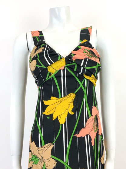 VTG 60s 70s BLACK WHITE YELLOW PEACH STRIPED FLORAL LILY SUMMER SUNDRESS 8 10