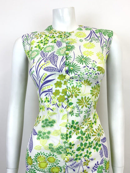 VINTAGE 60s 70s WHITE GREEN PURPLE FLORAL PSYCHEDELIC SLEEVELESS DRESS 10 12