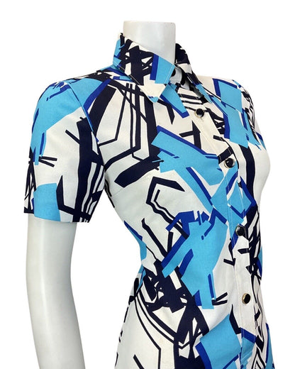 VINTAGE 60s 70s WHITE BLUE NAVY GEOMETRIC MOD DAGGER SHIRT DRES 10 12