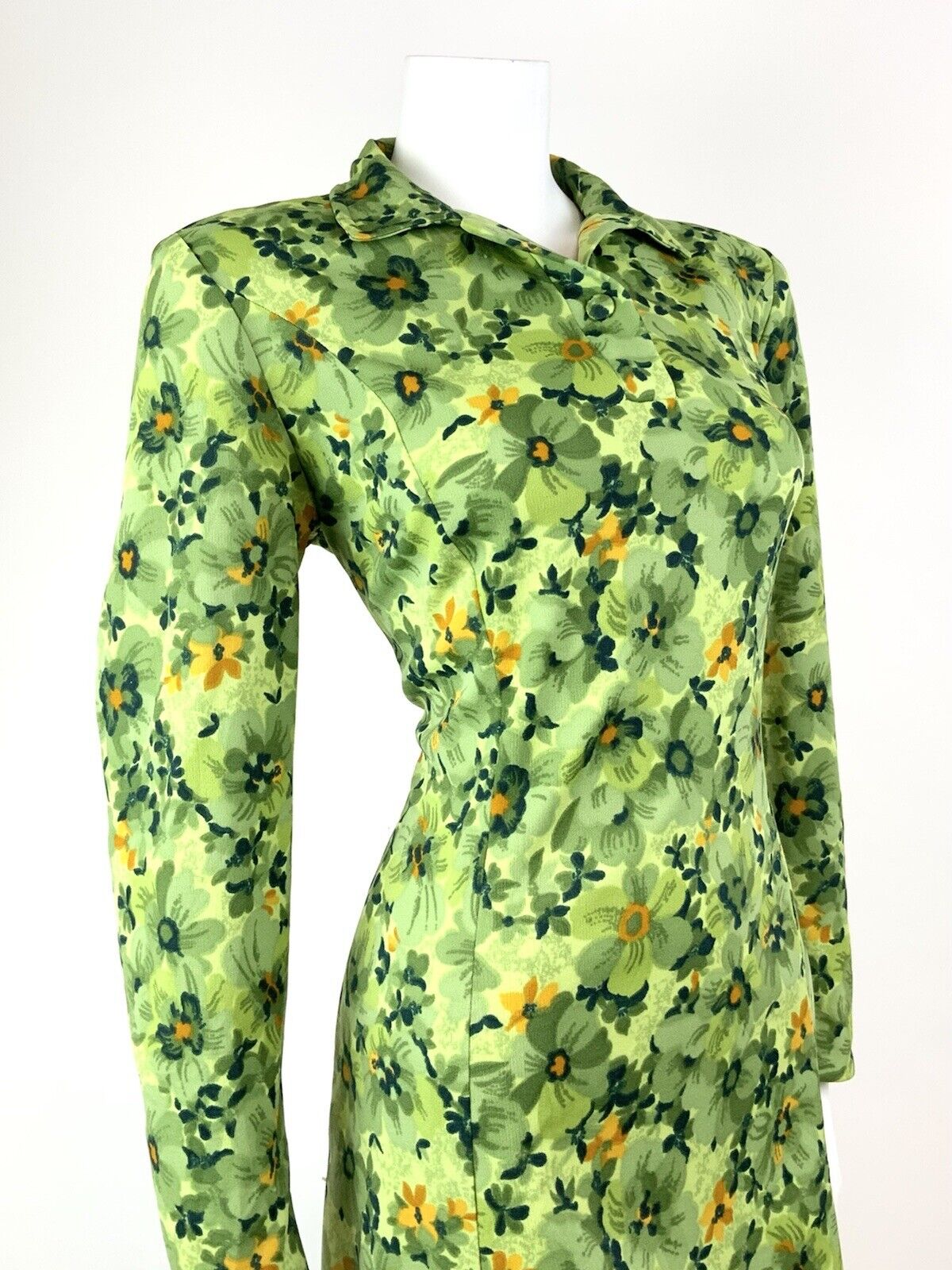 VINTAGE 60s 70s GREEN LIME ORANGE FLORAL PSYCHEDELIC MOD SHIRT DRESS 16