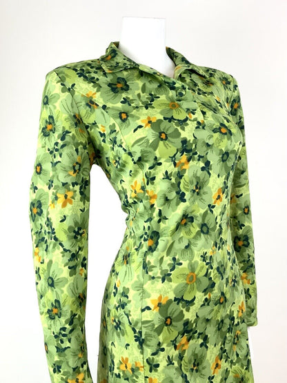 VINTAGE 60s 70s GREEN LIME ORANGE FLORAL PSYCHEDELIC MOD SHIRT DRESS 16