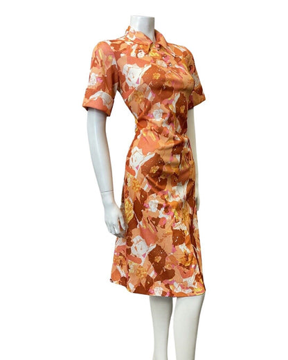 VINTAGE 60s 70s ORANGE PINK BROWN PSYCHEDELIC FLORAL LEAF DAGGER SHIRT DRESS 14