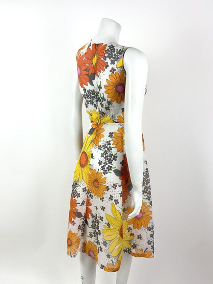 VTG 60s 70s WHITE ORANGE YELLOW FLORAL DAISY SHEER V-NECK SUMMER DRESS 12 14
