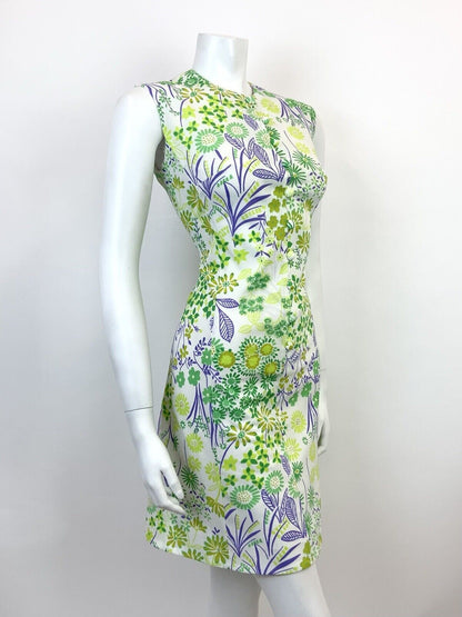 VINTAGE 60s 70s WHITE GREEN PURPLE FLORAL PSYCHEDELIC SLEEVELESS DRESS 10 12