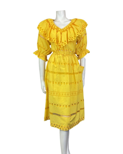 VINTAGE 70s SUNSHINE YELLOW EMBROIDERED CUT-WORK RUFFLED PRAIRIE DRESS 8 10