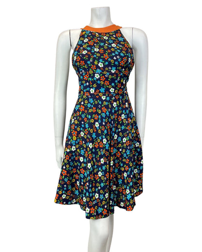 VINTAGE 60s BLUE ORANGE GREEN FLORAL DAISY DITSY MOD HALTER SUMMER DRESS 4 6