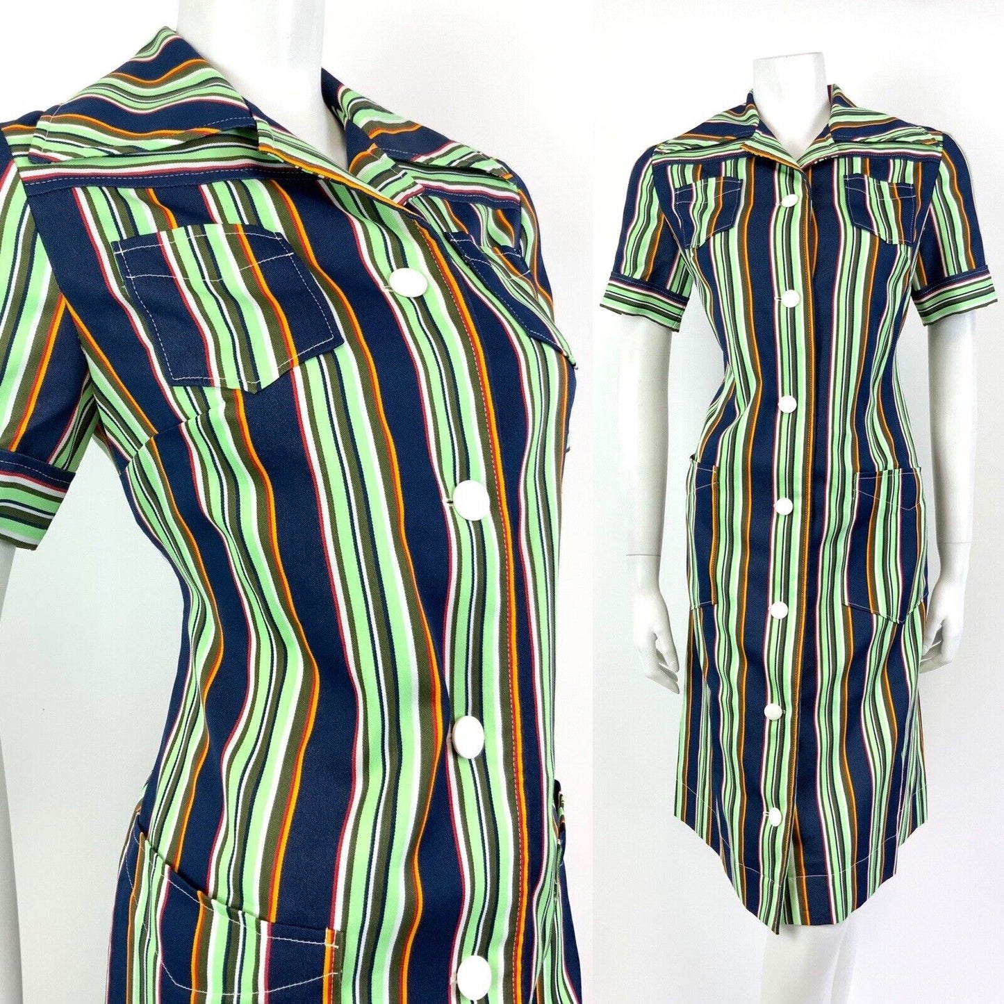 VINTAGE 60s 70s GREEN BLUE WHITE RED STRIPED MOD DAGGER COLLAR SHIRT DRESS 12