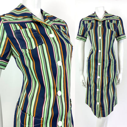 VINTAGE 60s 70s GREEN BLUE WHITE RED STRIPED MOD DAGGER COLLAR SHIRT DRESS 12