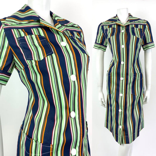 VINTAGE 60s 70s GREEN BLUE WHITE RED STRIPED MOD DAGGER COLLAR SHIRT DRESS 12