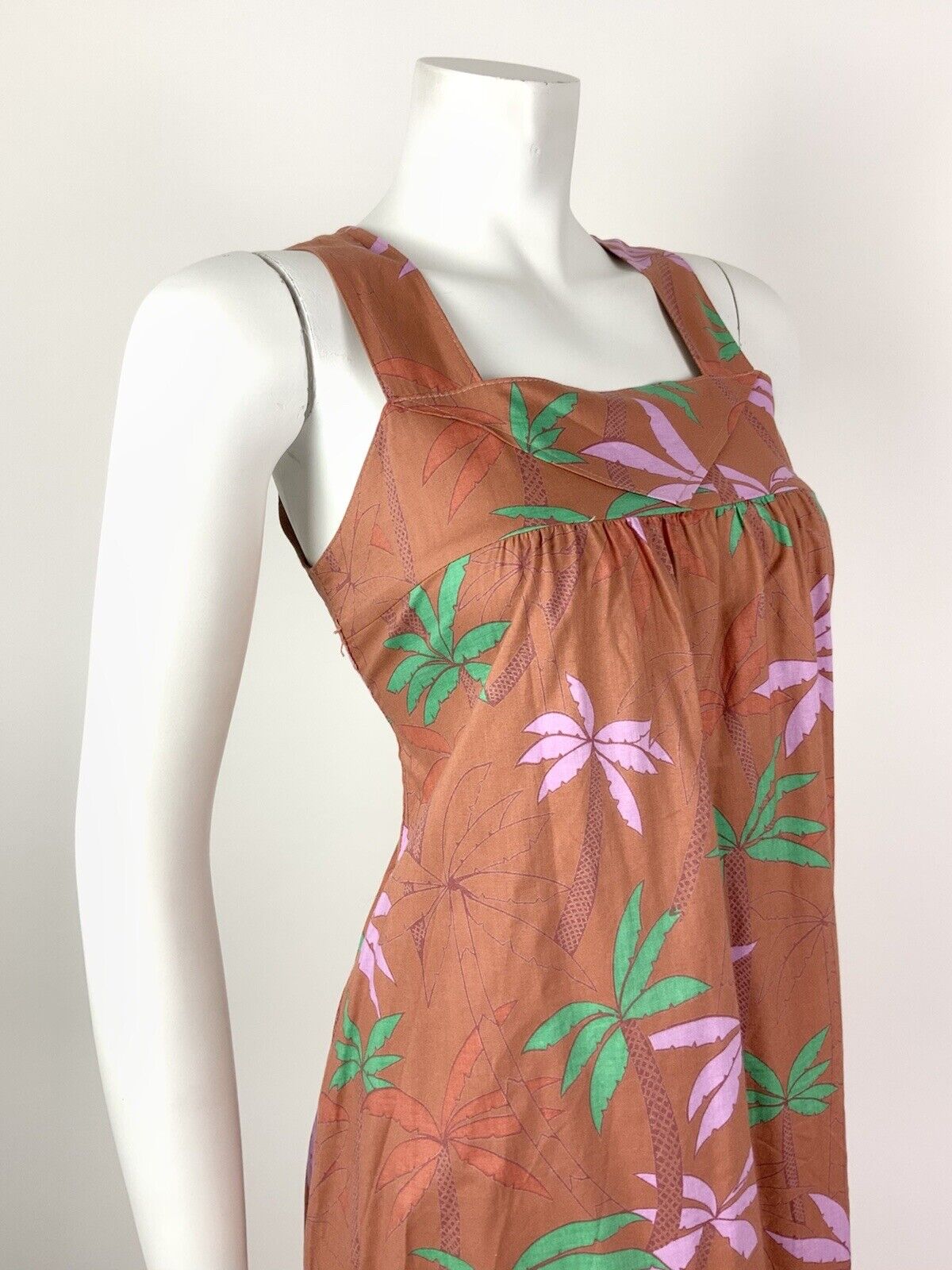 VINTAGE 70s 80s BROWN GREEN PINK PALM TREE LEAFY SLEEVELESS TENT DRESS 8