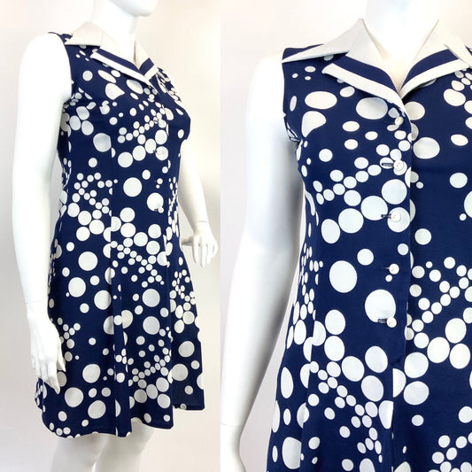 VINTAGE 60s 70s NAVY BLUE WHITE DOTTY MOD SLEEVELESS DAGGER COLLAR DRESS 16 18