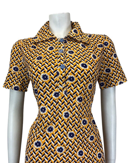 VINTAGE 60s 70s YELLOW BLUE WHITE CHEVRON FLORAL GEOMETRIC MOD SHIRT DRESS 10