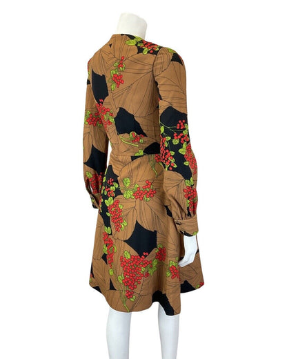 VINTAGE 60s 70s BROWN BLACK RED LEAFY BERRY MOD FIT & FLARE SHORT DRESS 6 8