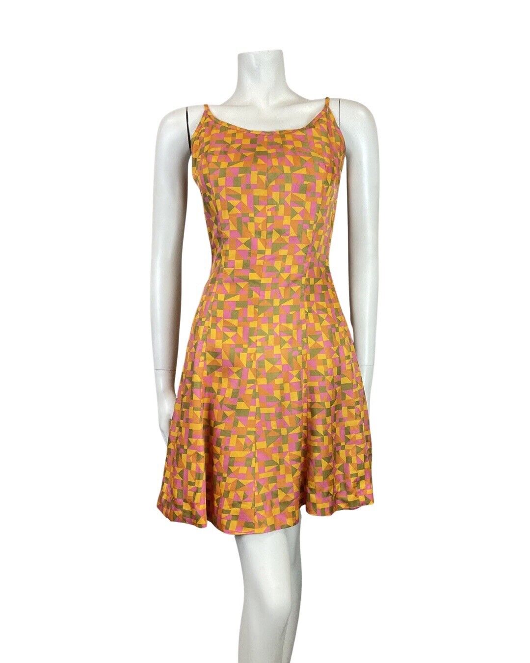 VINTAGE 60s 70s ORANGE PINK GREEN GEOMETRIC STRAPPY SWING SUN-DRESS 8