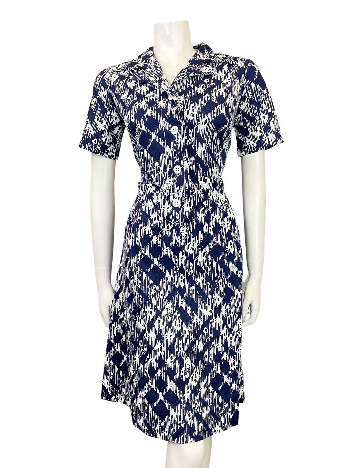 VINTAGE 60s 70s NAVY BLUE WHITE PSYCHEDELIC CHECKED PLAID DAGGER SHIRT DRESS 12