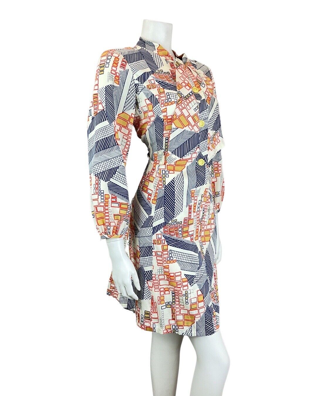 VINTAGE 60s 70s WHITE BLUE RED GEOMETRIC SQUARE PUSSYBOW SHIRT DRESS 12 14