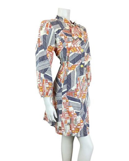VINTAGE 60s 70s WHITE BLUE RED GEOMETRIC SQUARE PUSSYBOW SHIRT DRESS 12 14
