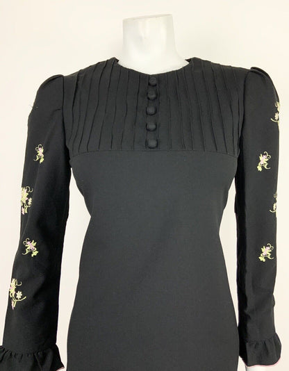 VINTAGE 60s 70s BLACK PINK LIME MINT GREEN FLORAL EMBROIDERY RUFFLE DRESS 8 10