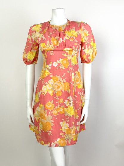 VINTAGE 60s 70s PINK YELLOW ORANGE FLORAL PUFF SLEEVE MOD EMPIRE LINE DRESS 8