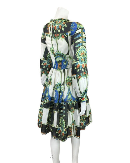 VINTAGE 60s 70s WHITE BLACK GREEN FLORAL NOUVEAU LONG-SLEEVE SWING DRESS 8