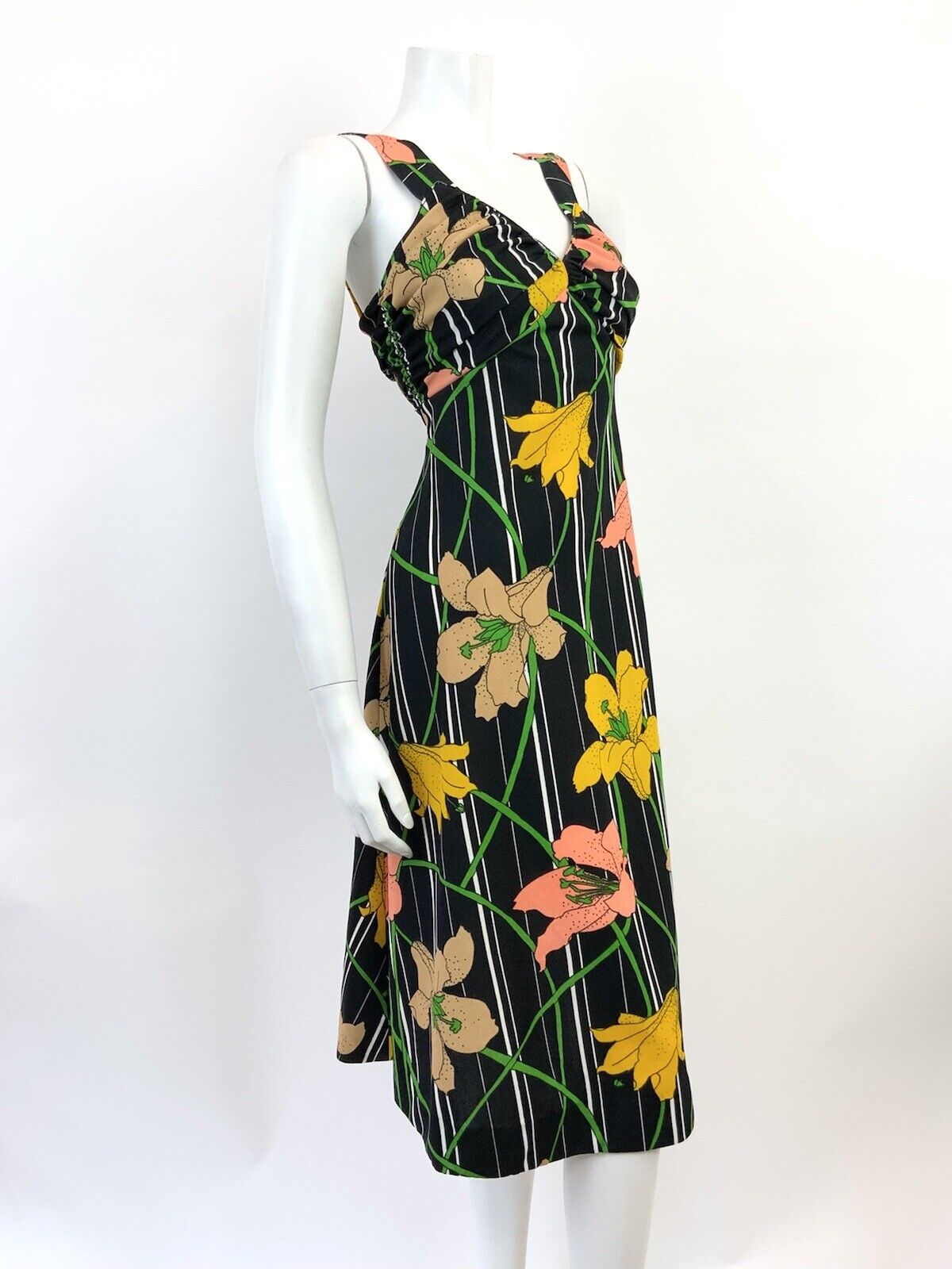 VTG 60s 70s BLACK WHITE YELLOW PEACH STRIPED FLORAL LILY SUMMER SUNDRESS 8 10