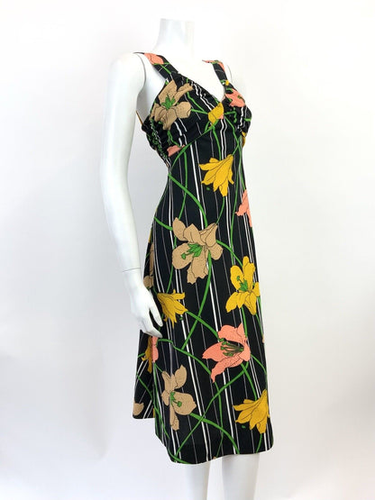 VTG 60s 70s BLACK WHITE YELLOW PEACH STRIPED FLORAL LILY SUMMER SUNDRESS 8 10