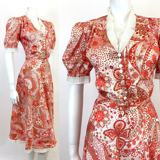 VTG 60s 70s RED WHITE ORANGE PSYCHEDELIC FLORAL DAISY RUFFLE SWING DRESS 14 16