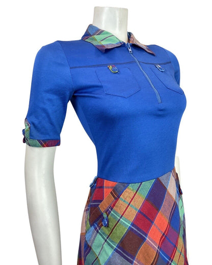 VINTAGE 60s 70s BLUE GREEN RED PLAID TARTAN MOD SWING MIDI SHIRT DRESS 8