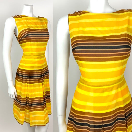 VINTAGE 60s 70s YELLOW ORANGE BROWN STRIPED SHEER SUMMER DRESS 10