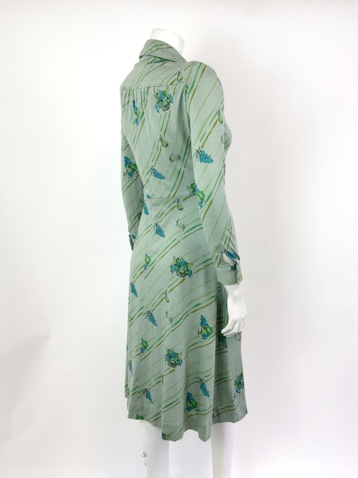 VTG 60s 70s GREEN BLUE YELLOW STRIPED FRUIT GRAPES MOD DAGGER SHIRT DRESS 8 10