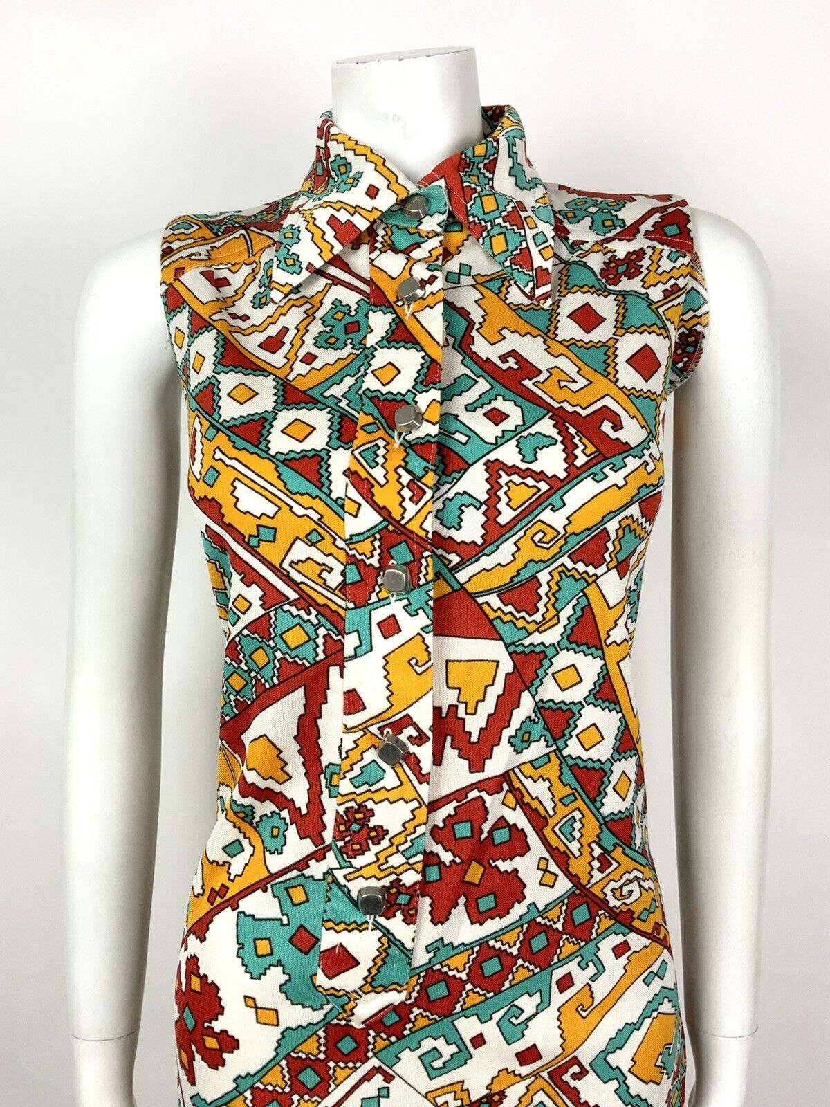 VINTAGE 60s 70s WHITE BLUE RED YELLOW GEOMETRIC AZTEC DAGGER SHIRT DRESS 12 14