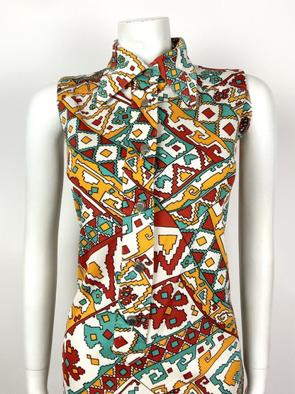 VINTAGE 60s 70s WHITE BLUE RED YELLOW GEOMETRIC AZTEC DAGGER SHIRT DRESS 12 14