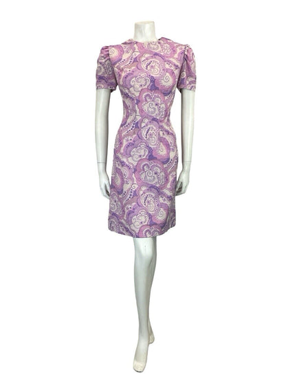 VTG 60S PURPLE WHITE PSYCHDELIC SWIRL SMOCKED WAIST SPARKLY PARTY DRESS 8 10 S