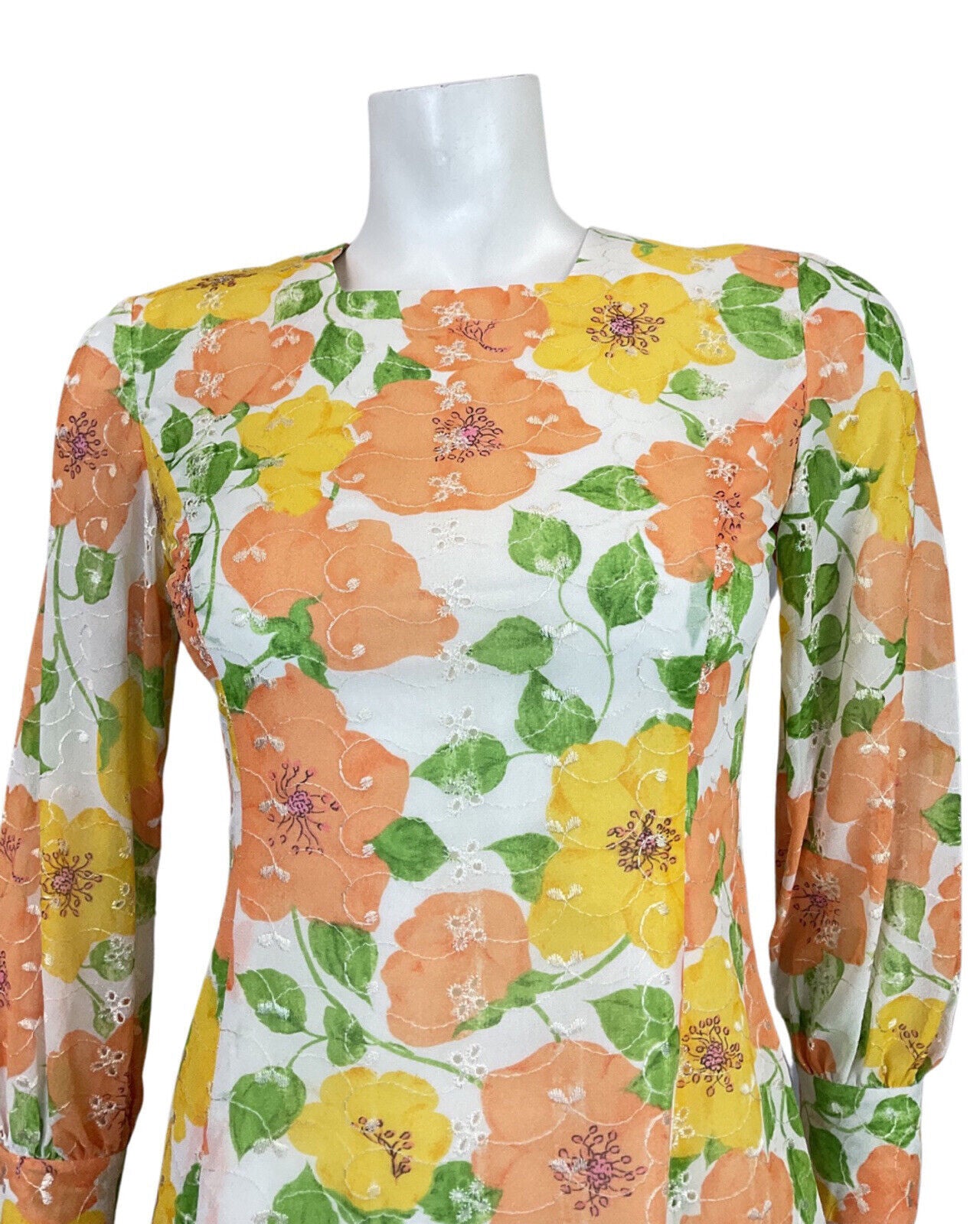 VINTAGE 60s 70s WHITE YELLOW ORANGE GREEN EMBROIDERED FLORAL LEAFY MOD DRESS 8