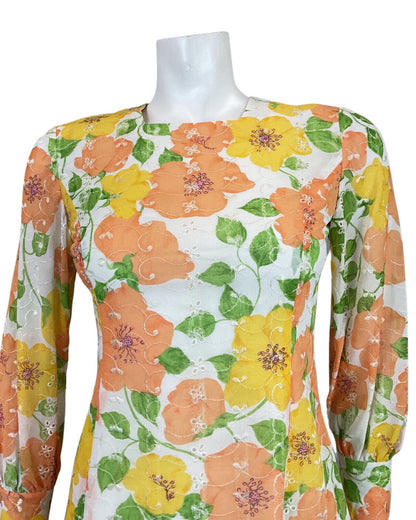 VINTAGE 60s 70s WHITE YELLOW ORANGE GREEN EMBROIDERED FLORAL LEAFY MOD DRESS 8