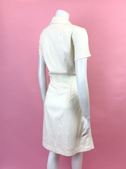 VINTAGE 60s 70s CREAM BLUE PURPLE PIXEL ROSE FLORAL REVERS SHIRT DRESS 12 14