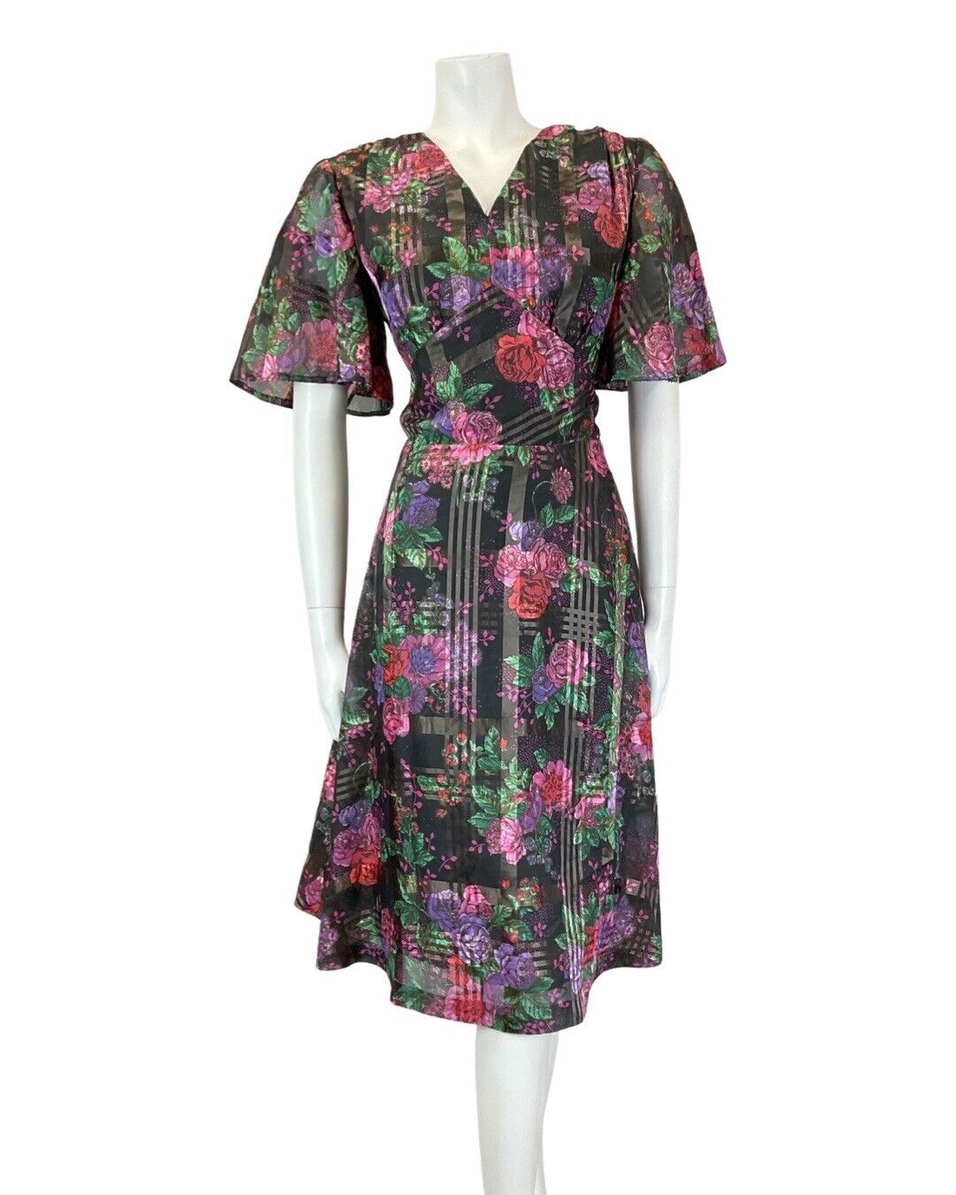 VINTAGE 60s 70s BLACK PINK PURPLE PLAID FLORAL ROSE SHEER SWING TEA DRESS 10 12