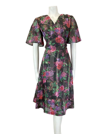 VINTAGE 60s 70s BLACK PINK PURPLE PLAID FLORAL ROSE SHEER SWING TEA DRESS 10 12