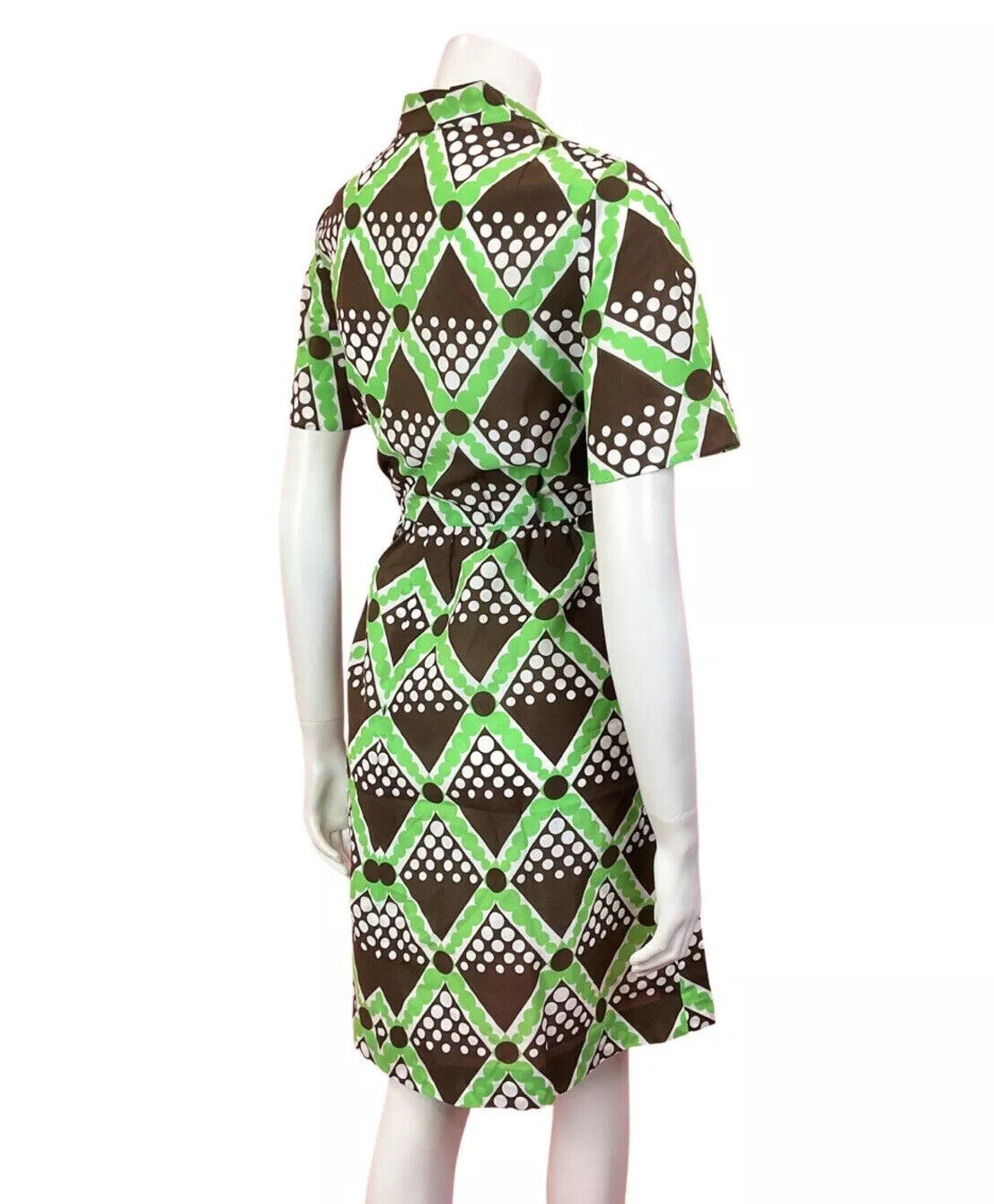 VINTAGE 60s 70s BROWN GREEN WHITE CHECKED GEOMETRIC PUSSYBOW MOD DRESS 10 12