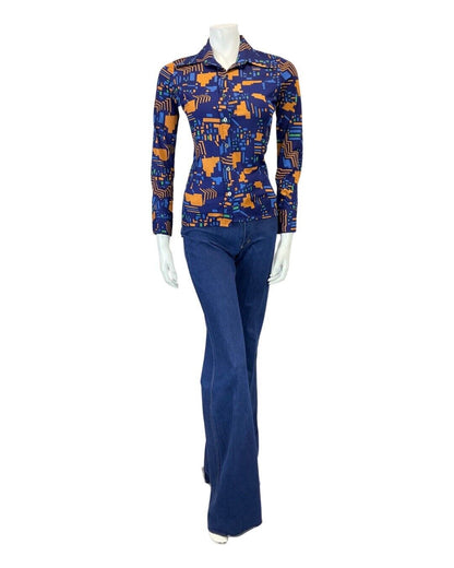 VINTAGE 60s 70s NAVY BLUE YELLOW GEOMETRIC MOD DAGGER COLLAR SHIRT 8