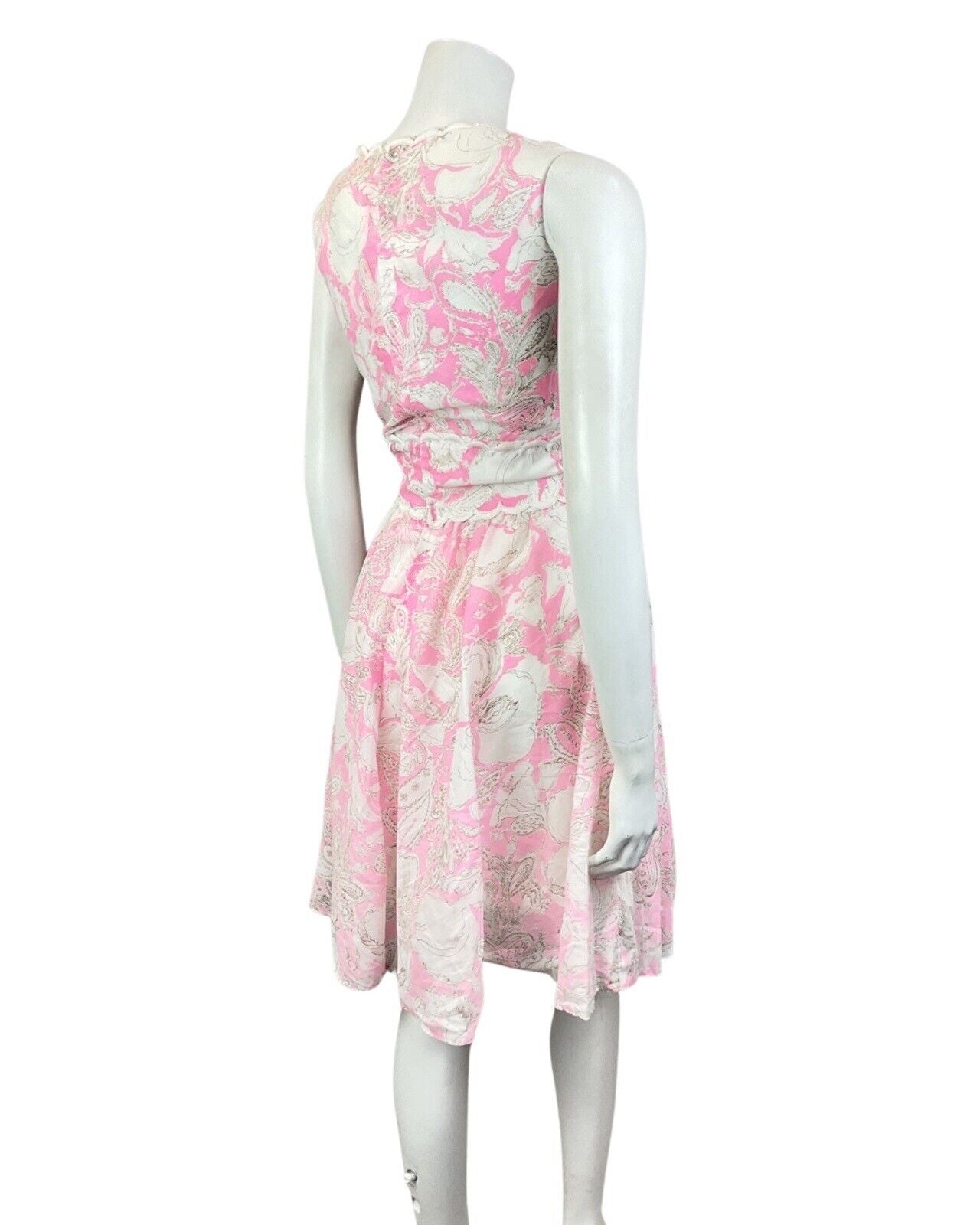VINTAGE 60s 70s BRIGHT PINK WHITE FLORAL SCALLOPED SLEEVELESS DRESS 12 14