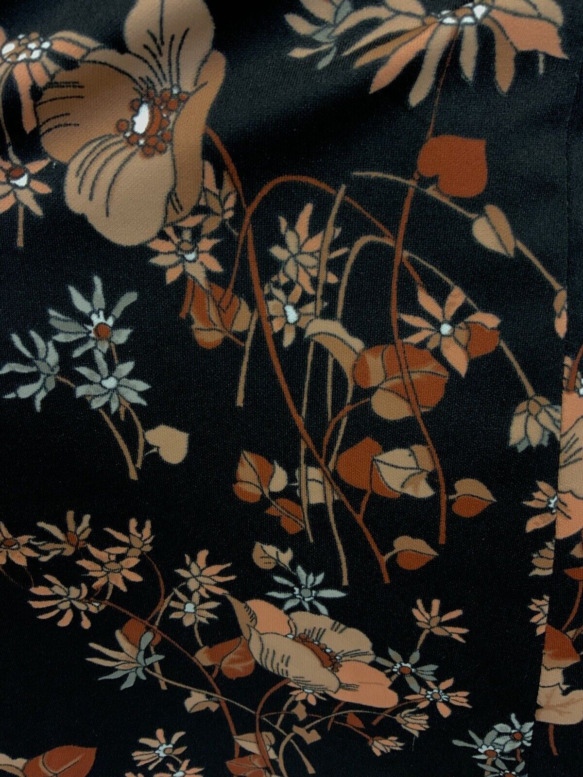 VTG 60s 70s BLACK PEACH BROWN BEIGE FLORAL LEAFY BELTED SHORT SLEEVE DRESS 12 14