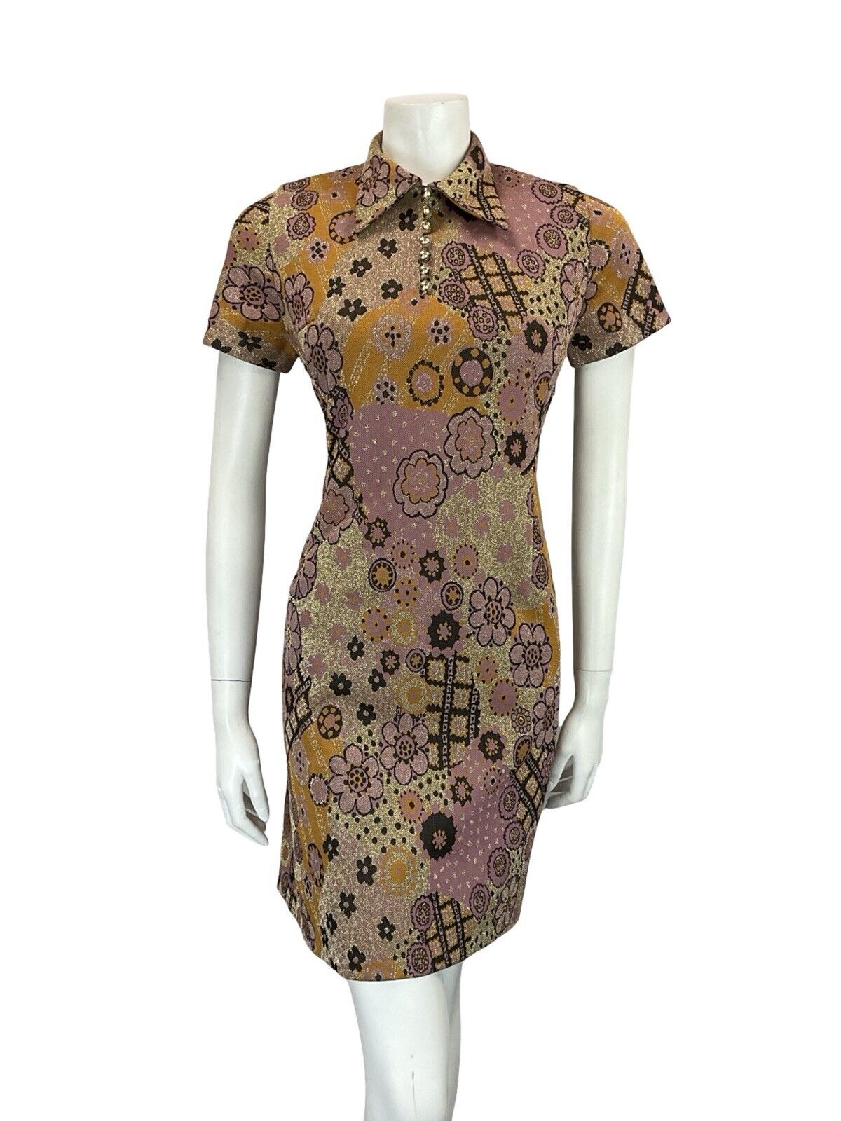 VTG 60S PINK GOLD BLACK ORANGE FLORAL PSYCHEDELIC WING COLLAR PARTY DRESS 8