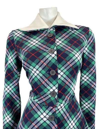 VINTAGE 60s 70s BLUE GREEN WHITE TARTAN CHECKED MOD WING COLLAR SHIRT DRESS 12