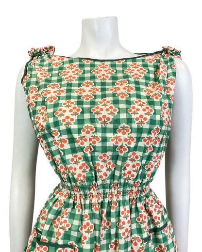 VINTAGE 60s 90s GREEN WHITE ORANGE GINGHAM CHECKED BERRY MOD SUMMER DRESS 10