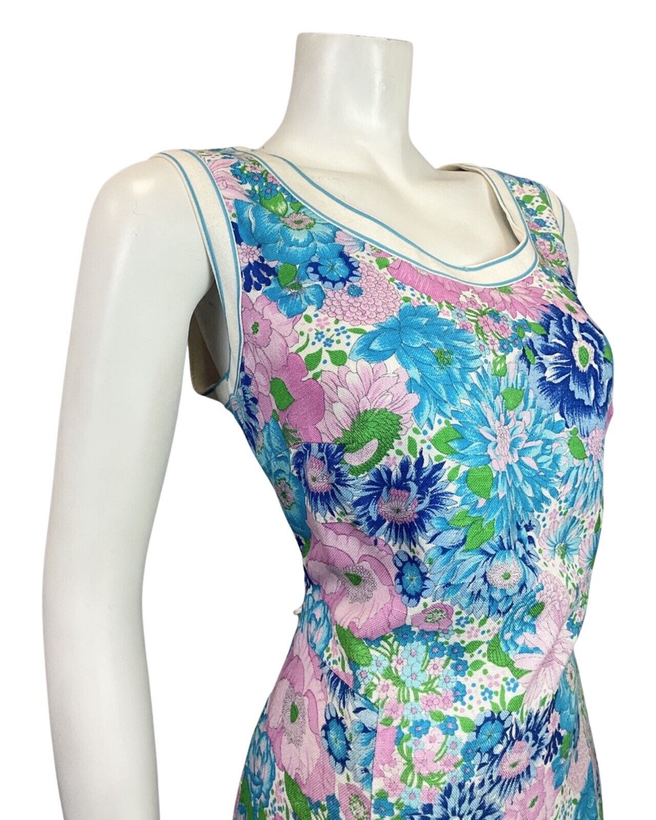 VINTAGE 60s 70s BLUE PINK WHITE FLORAL BOTANICAL SLEEVELESS SUMMER DRESS 14